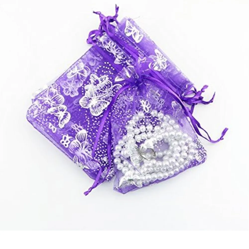 20ct. 3.5x4.5 Purple Organza Bags Silver Butterflies